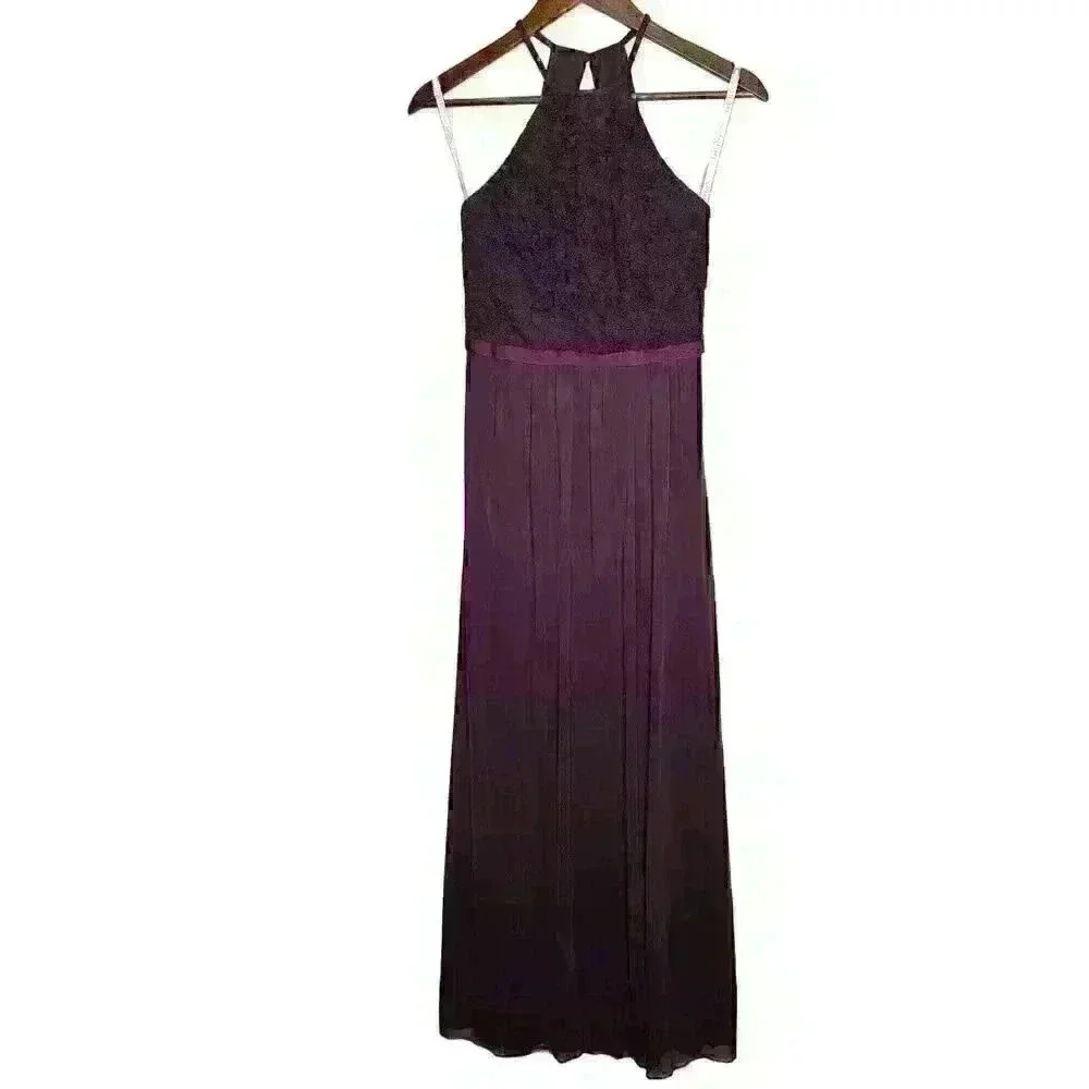 NWT David's Bridal F19608 Plum Long Lace Mesh High Neck Sz 2 - Picture 2 of 12